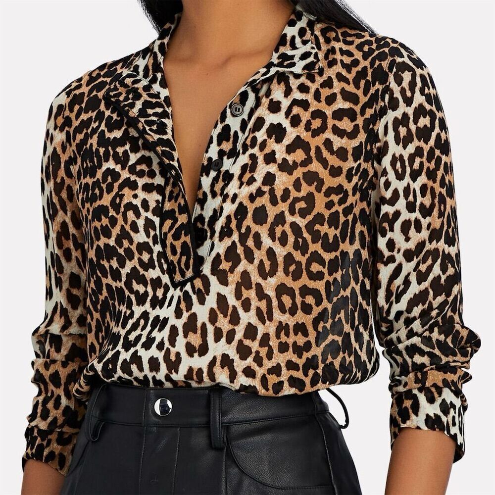 GANNI Women's Brown Leopard Print Georgette Blouse Size L Long Sleeve - Picture 1 of 4